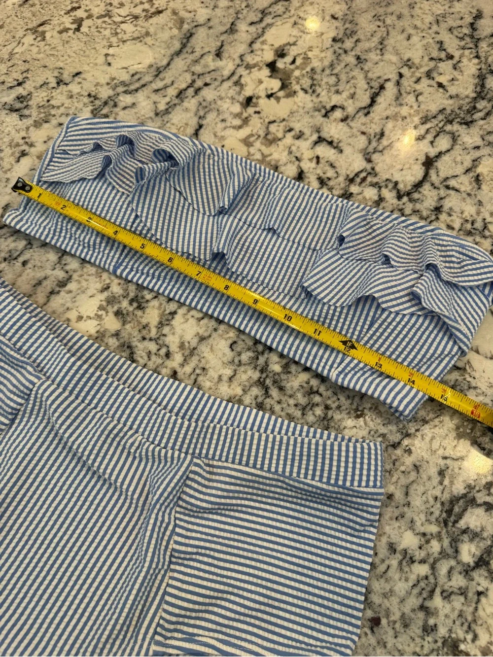 Blue & White Seersucker Ruffle Bandeau Bikini Set High Waist Size L - Picture 5 of 9